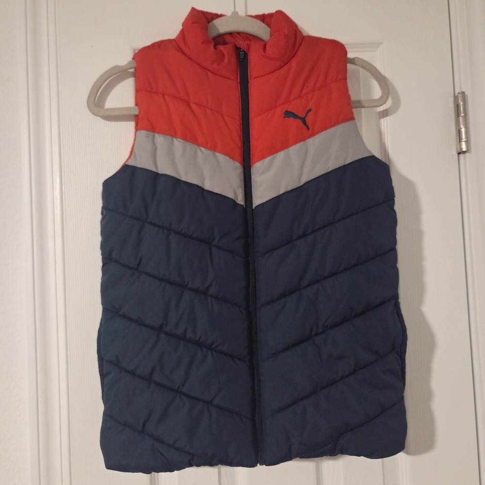 PUMA Boys Puffer Vest Colorblock Red Gray Navy Blue Full Zip Quilted Youth M